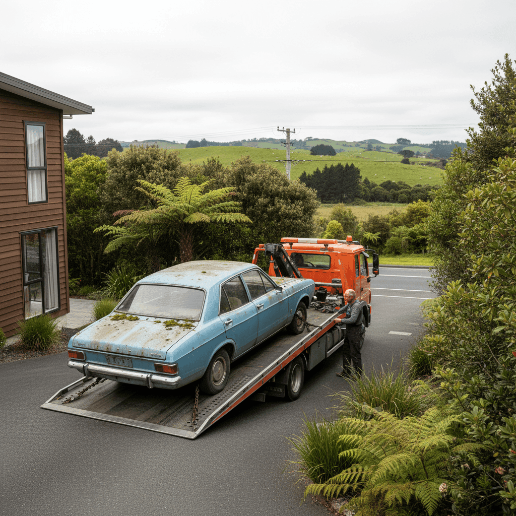 Vehicle being collected from a driveway in the Upper Hutt hills